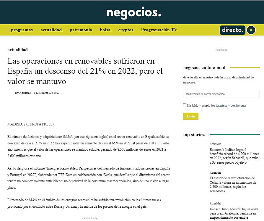 Las operaciones en renovables sufrieron en Espaa un descenso del 21% en 2022, pero el valor se mantuvo